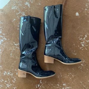 GUCCI Patent Leather Boots, INK NAVY Chunky Wood Heel, Eur 39, US 8.5
